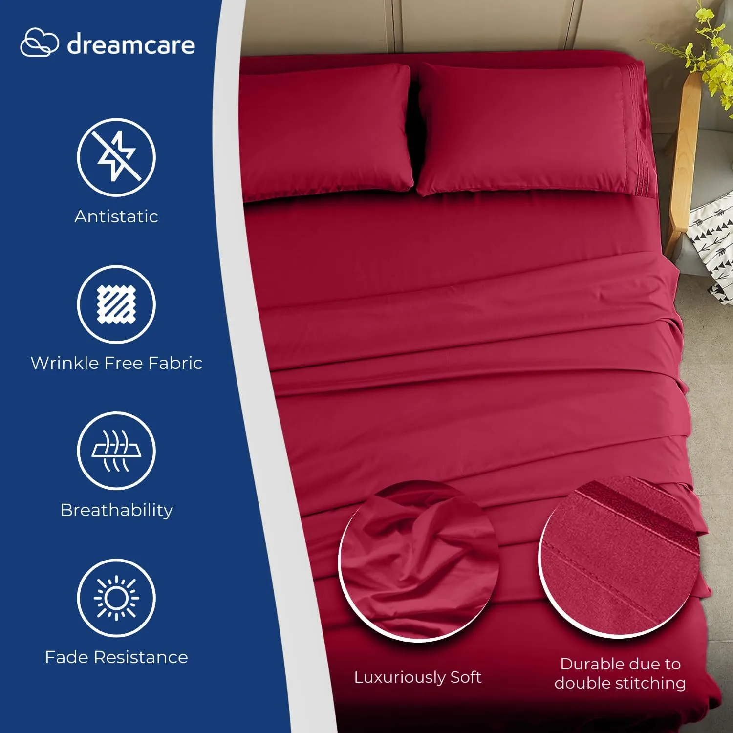 DREAMCARE King Size Sheets Set - Cooling Bed Sheets - 4pcs Set - up to 15" Deep Pocket King Sheet Set – Soft & Long Lasting Cooling - 100% Fine Brushed Polyester with Side Pocket - Burgundy