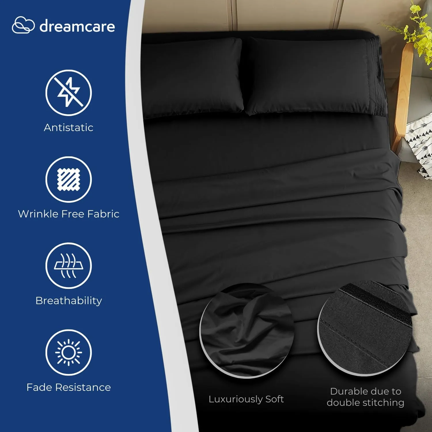 DREAMCARE Twin XL Sheet Set - Cooling Bed Sheets - 4pc Set - up to 15" Deep Pocket - Soft & Long Lasting 100% Fine Brushed Polyester with Side Pocket - Black