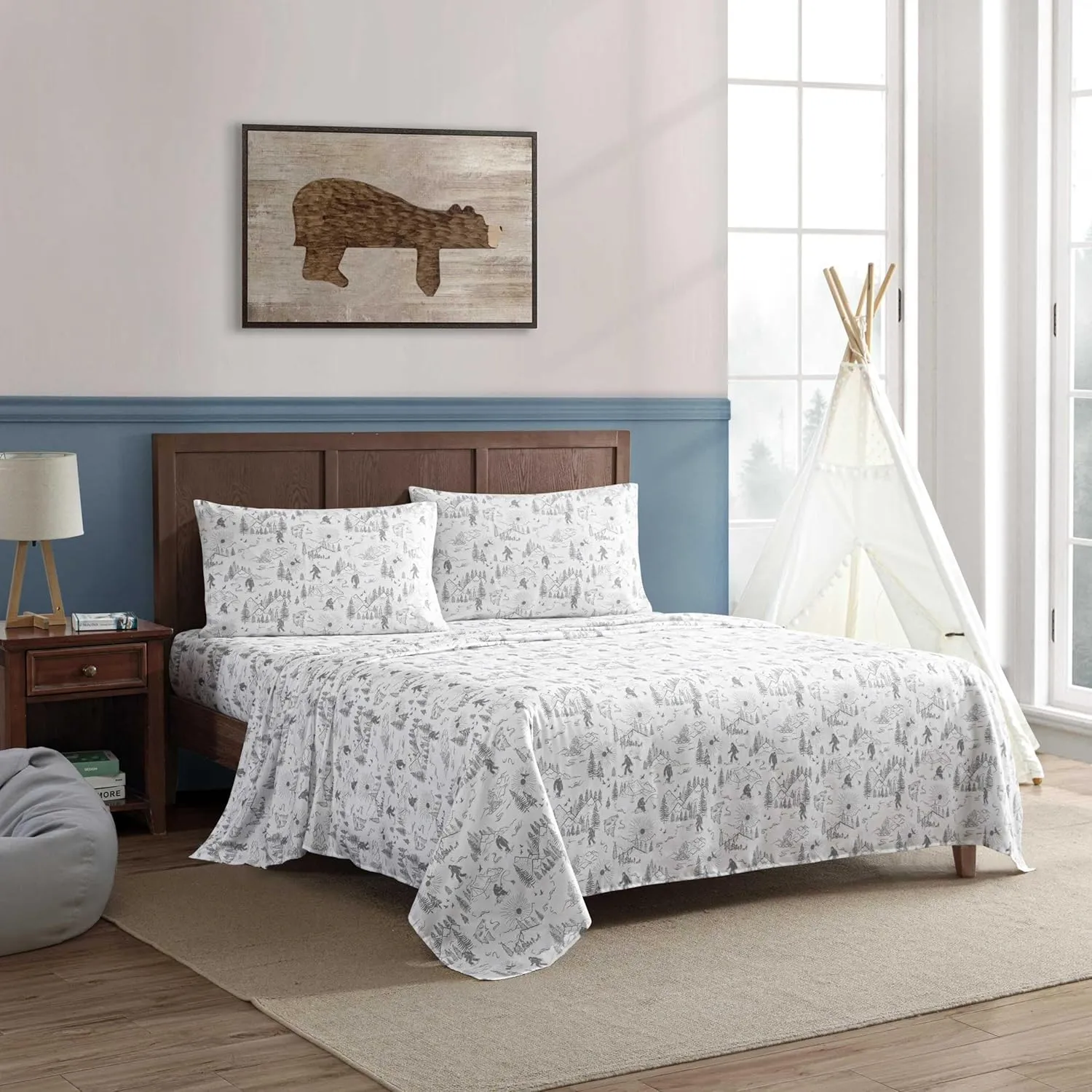 Eddie Bauer Kids - Twin XL Sheets, Stain-Resistant Toddler Bedding with Matching Sham(s), Super Soft, Ideal Boy Room Essentials (Big Foot Hiking Trip White, Twin XL)