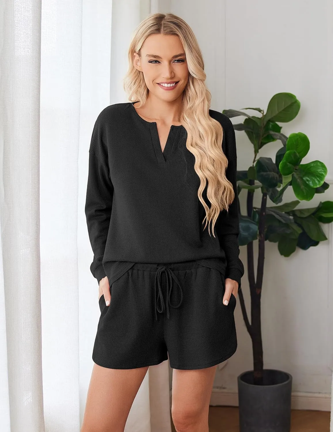 Ekouaer Pajama Set for Women Waffle Knit Lounge Sets Long Sleeve Top and Shorts Sleepwear Matching Loungewear S-XXL
