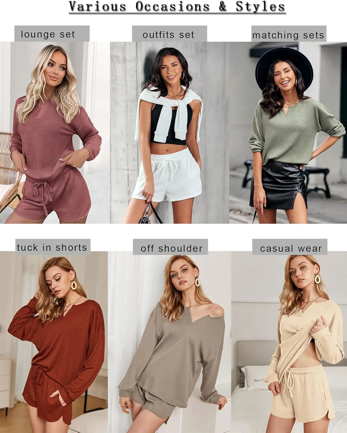 Ekouaer Pajama Set for Women Waffle Knit Lounge Sets Long Sleeve Top and Shorts Sleepwear Matching Loungewear S-XXL