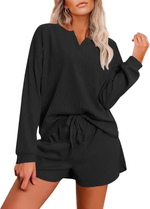 Ekouaer Pajama Set for Women Waffle Knit Lounge Sets Long Sleeve Top and Shorts Sleepwear Matching Loungewear S-XXL