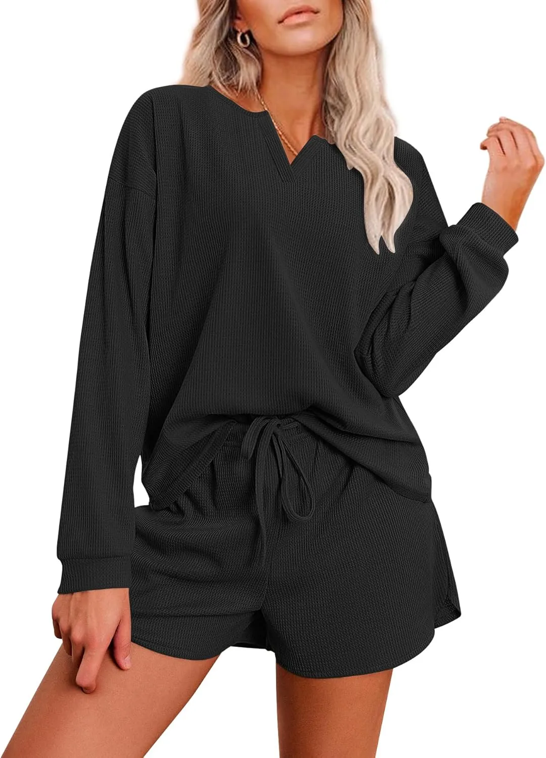 Ekouaer Pajama Set for Women Waffle Knit Lounge Sets Long Sleeve Top and Shorts Sleepwear Matching Loungewear S-XXL