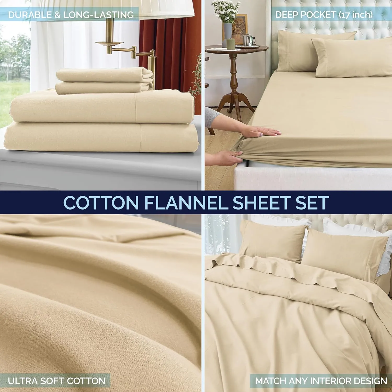 Elegant Comfort Soft 4-Piece 100% Turkish Cotton Flannel Sheet Set - Premium Quality, Deep Pocket Fitted Sheet, Ultra Soft, Cozy Warm Flannel Sheets - Twin, Linen