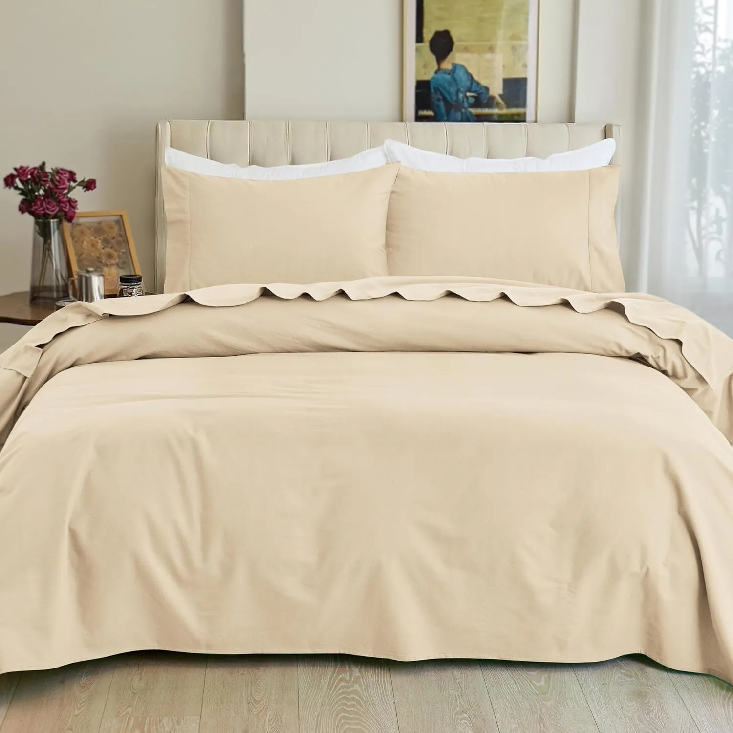 Elegant Comfort Soft 4-Piece 100% Turkish Cotton Flannel Sheet Set - Premium Quality, Deep Pocket Fitted Sheet, Ultra Soft, Cozy Warm Flannel Sheets - Twin, Linen