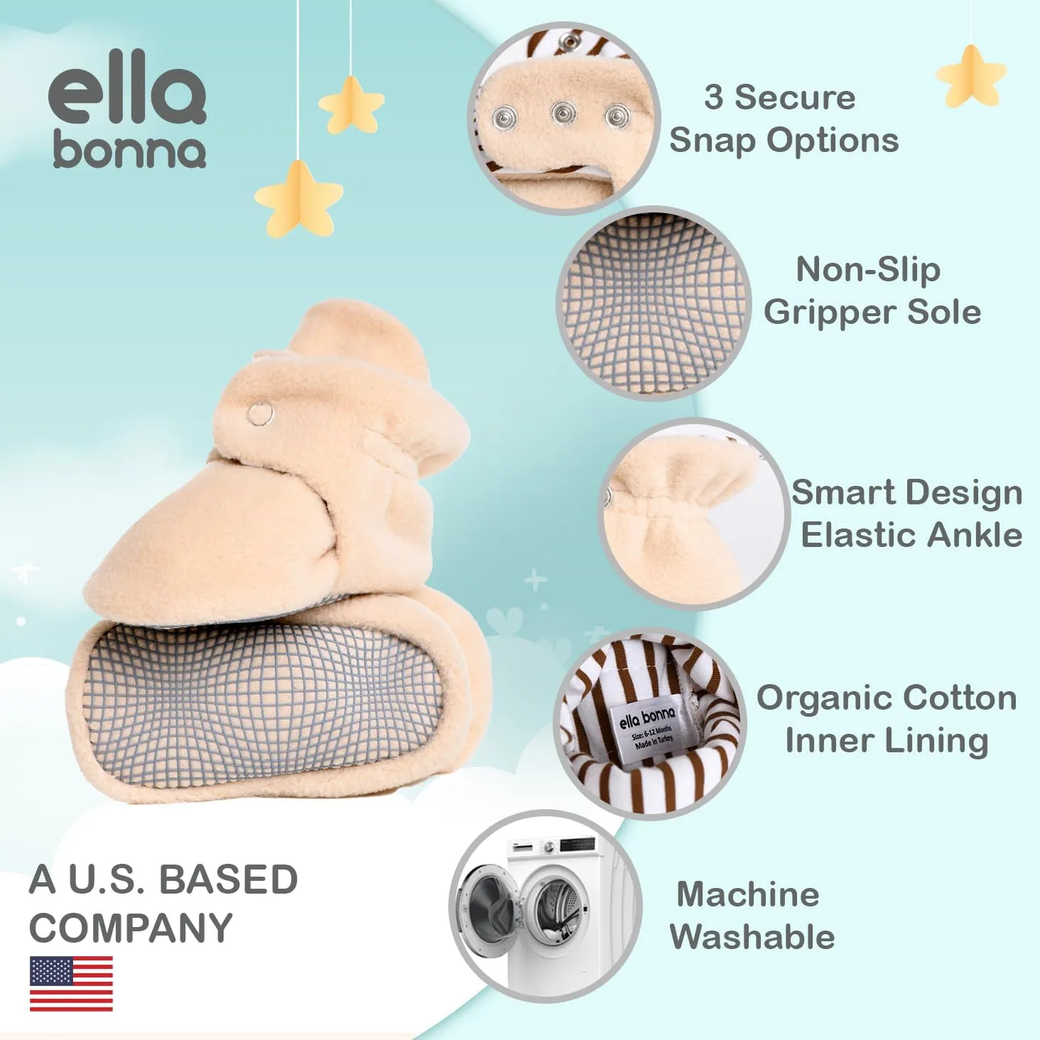 Ella Bonna Fleece Baby Booties, Three Snap Baby Slippers, Unisex Baby Gifts, Non-Slip Newborn Booties for Boys and Girls, Infant Baby Shower Shoes Months
