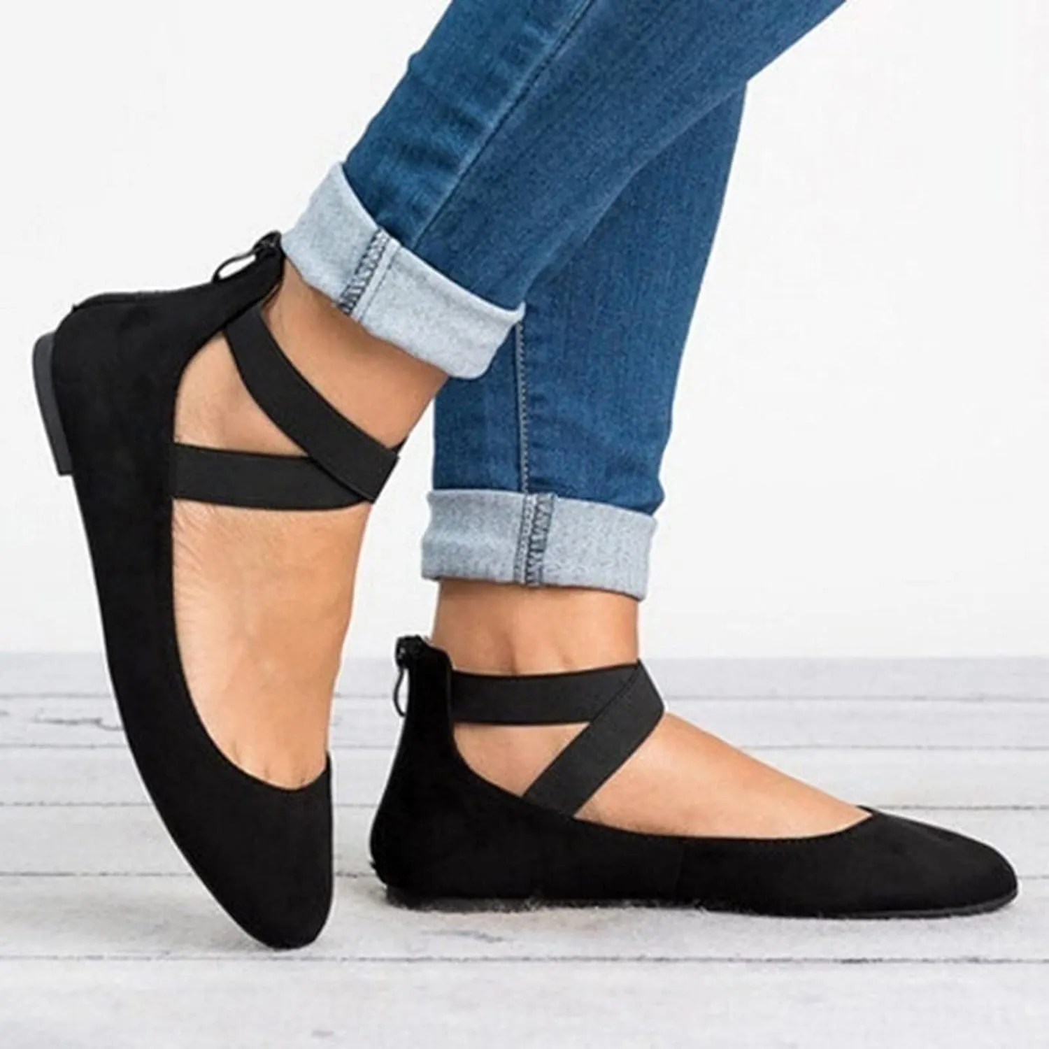 EMRELOD Women's Loafer Flat Women's Flat Shoes Casual Shoes Fashion Slip On Work Shoes Elastic Strap Back Zip Comfort Walking Shoes (Black, 7)