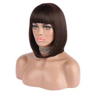 eNilecor Short Brown Bob Wigs 12" Straight with Flat Bangs Synthetic Colorful Cosplay Daily Party Wig for Women Natural As Real Hair  Free Wig Cap (Dark Brown)