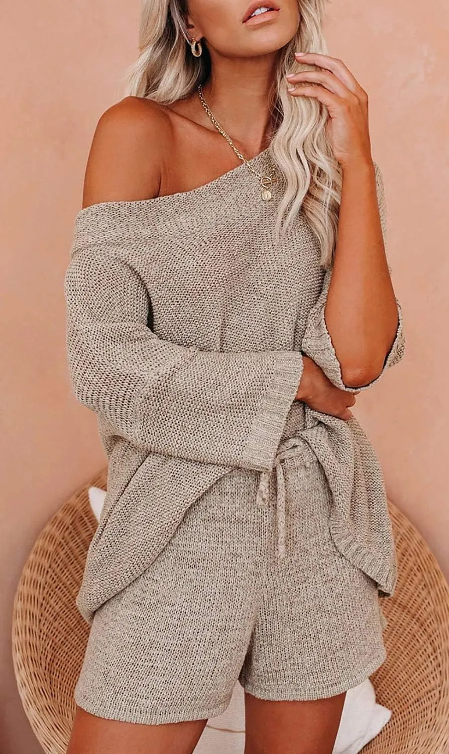 Ermonn Womens 2 Piece Outfits Sweater Sets Off Shoulder Knit Tops Waist Short Suits Casual Pajama Set