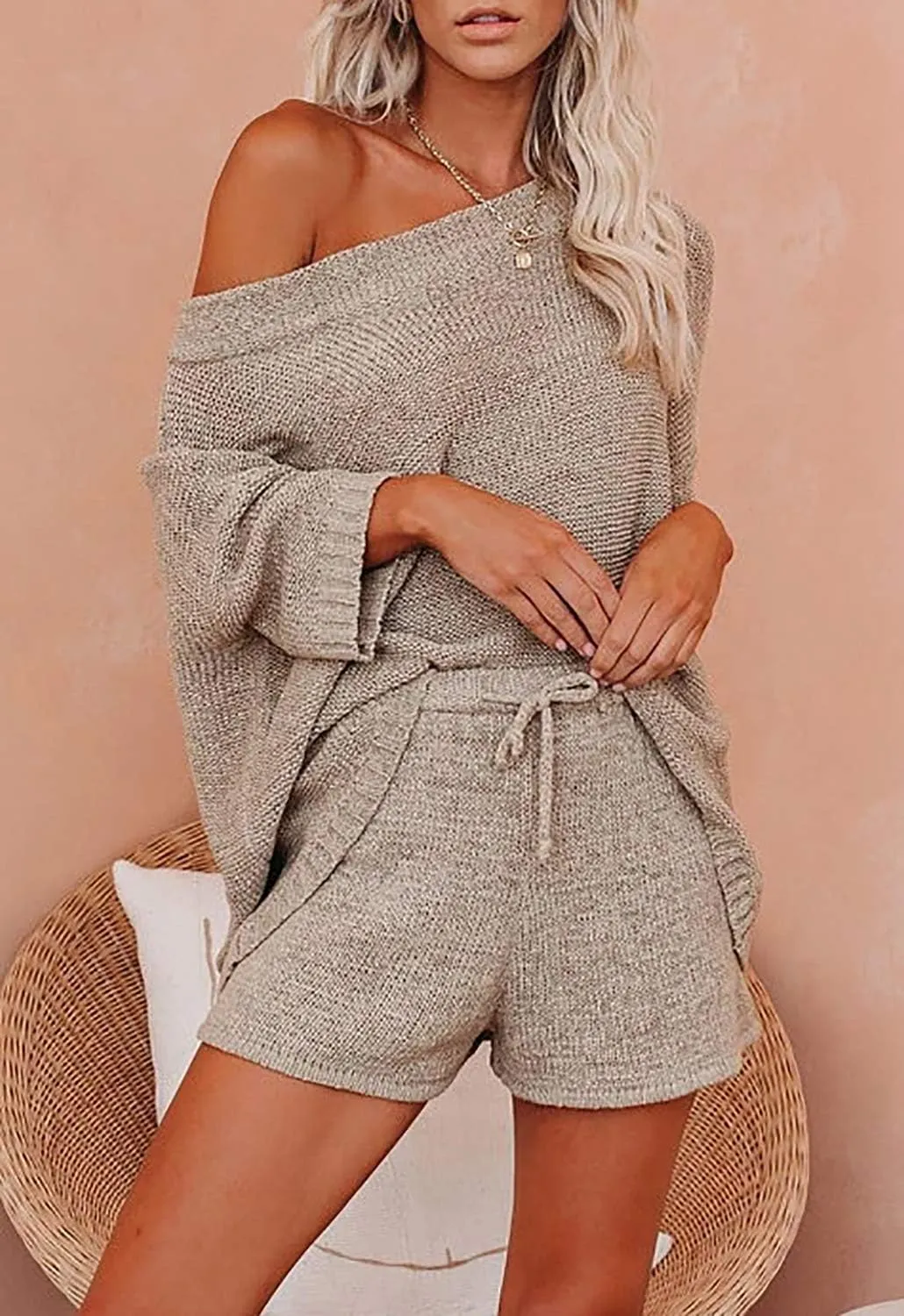 Ermonn Womens 2 Piece Outfits Sweater Sets Off Shoulder Knit Tops Waist Short Suits Casual Pajama Set