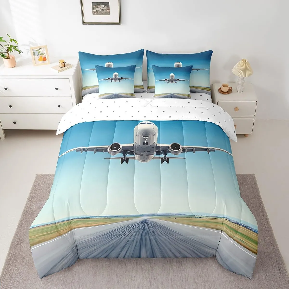 Erosebridal Airplane Twin Comforter Set with Sheets 7 Piece,Aircraft Bed in A Bag for Kids Boys Teen Youth Airport Runway Bedding Set Reversible Blue Sky Bed Set with Comforter