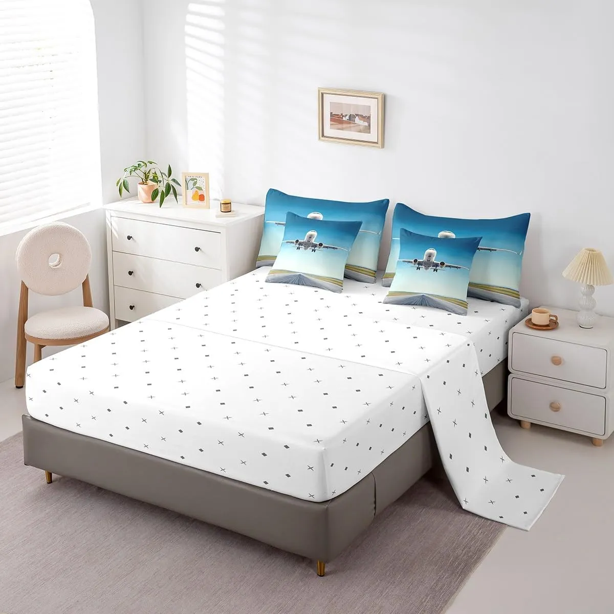 Erosebridal Airplane Twin Comforter Set with Sheets 7 Piece,Aircraft Bed in A Bag for Kids Boys Teen Youth Airport Runway Bedding Set Reversible Blue Sky Bed Set with Comforter