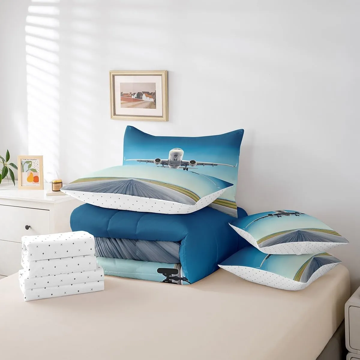 Erosebridal Airplane Twin Comforter Set with Sheets 7 Piece,Aircraft Bed in A Bag for Kids Boys Teen Youth Airport Runway Bedding Set Reversible Blue Sky Bed Set with Comforter