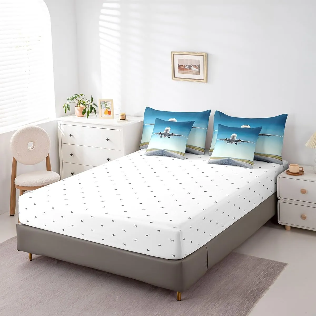 Erosebridal Airplane Twin Comforter Set with Sheets 7 Piece,Aircraft Bed in A Bag for Kids Boys Teen Youth Airport Runway Bedding Set Reversible Blue Sky Bed Set with Comforter