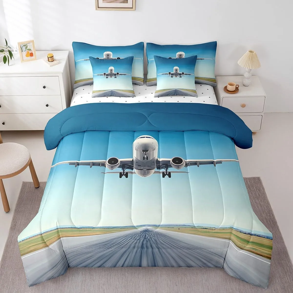 Erosebridal Airplane Twin Comforter Set with Sheets 7 Piece,Aircraft Bed in A Bag for Kids Boys Teen Youth Airport Runway Bedding Set Reversible Blue Sky Bed Set with Comforter