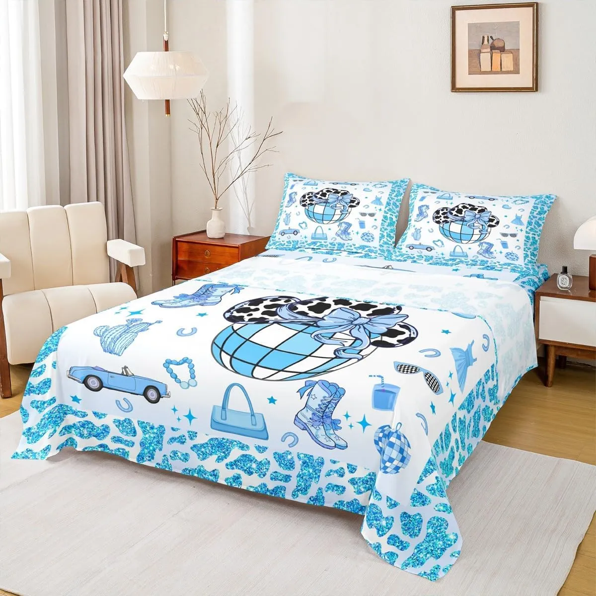 Erosebridal Cowboy Sheet Set,Cowgirl Boots Hats Bed Sheets Set Twin Size for Kids Boys Girls,Southwestern Flat Fitted Sheet,Blue Hippie Cow Pattern Sheets with 1 Pillowcase Deep Pockets