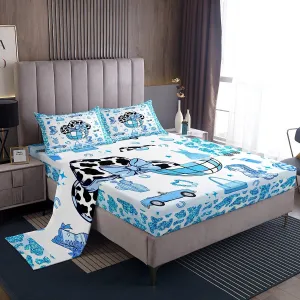 Erosebridal Cowboy Sheet Set,Cowgirl Boots Hats Bed Sheets Set Twin Size for Kids Boys Girls,Southwestern Flat Fitted Sheet,Blue Hippie Cow Pattern Sheets with 1 Pillowcase Deep Pockets