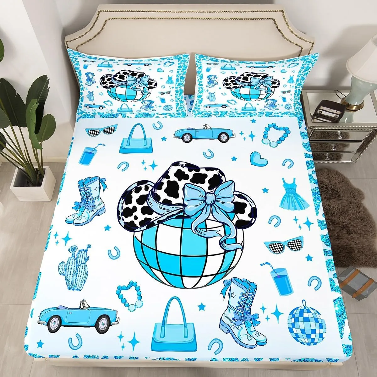Erosebridal Cowboy Sheet Set,Cowgirl Boots Hats Bed Sheets Set Twin Size for Kids Boys Girls,Southwestern Flat Fitted Sheet,Blue Hippie Cow Pattern Sheets with 1 Pillowcase Deep Pockets
