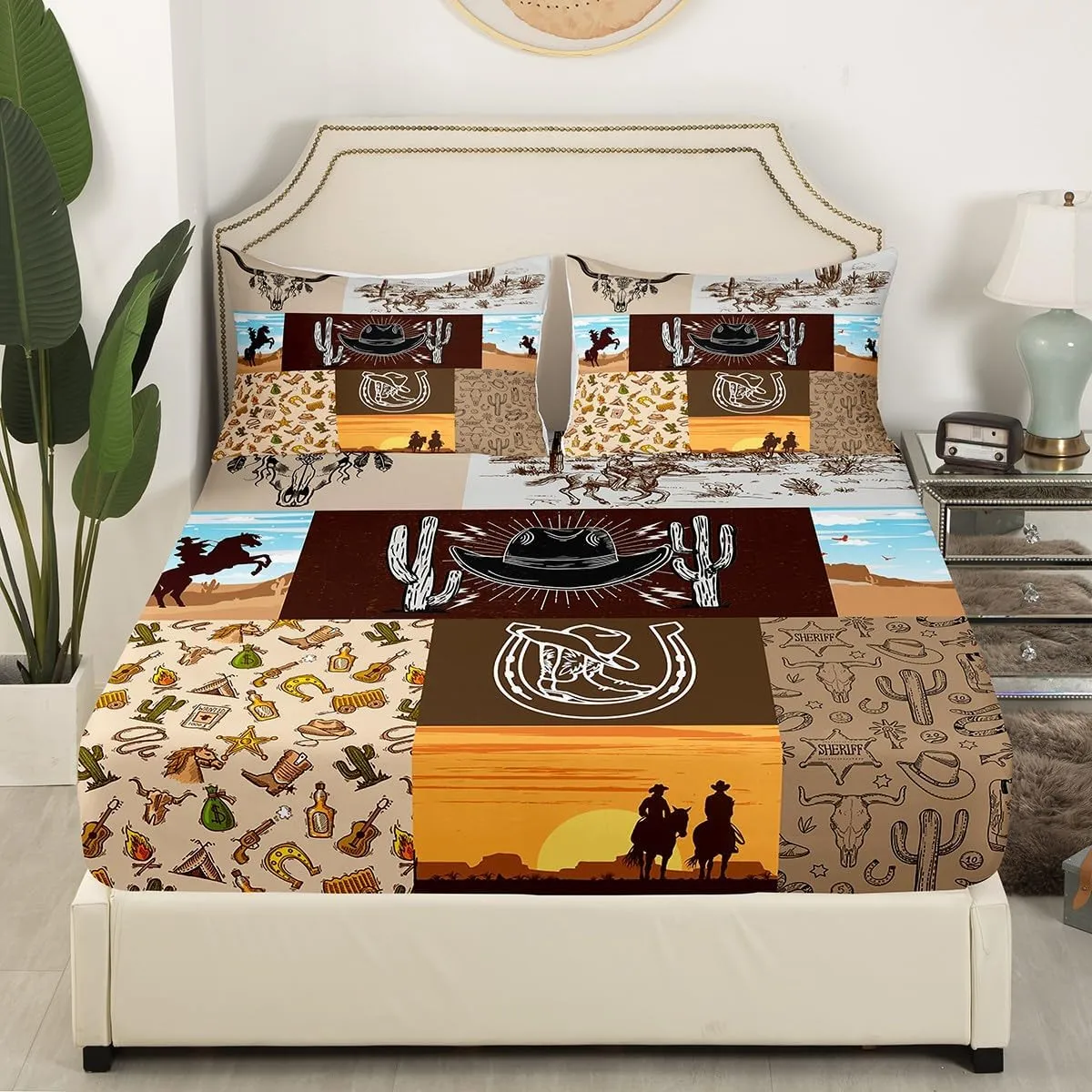 Erosebridal Horse Decor Western Sheet Set Full,Exotic Bull Skull Bed Sheets Set Cowboys Gifts for Women,Cowboy Boots Hats Flat Fitted Sheet,Rustic Farm Animals Patchwork Top Sheet Farmhouse Decor