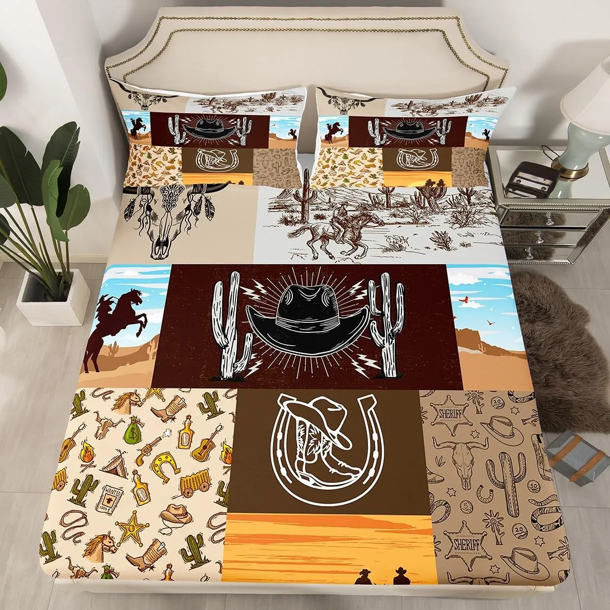 Erosebridal Horse Decor Western Sheet Set Full,Exotic Bull Skull Bed Sheets Set Cowboys Gifts for Women,Cowboy Boots Hats Flat Fitted Sheet,Rustic Farm Animals Patchwork Top Sheet Farmhouse Decor