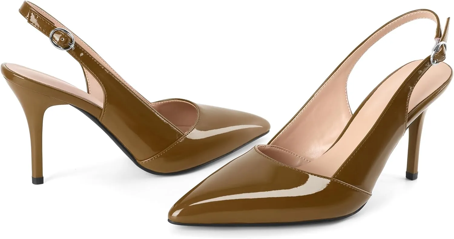 Esvowido Womens Slingback Heels 3.5 Inch Pointed Toe Pumps Adjustable Strap Slip-on High Heels Wedding Party Dress Shoes