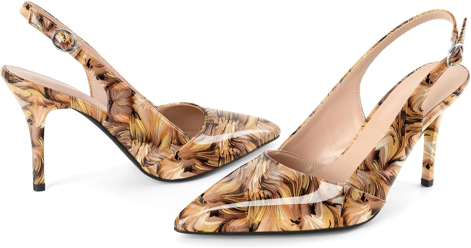 Esvowido Womens Slingback Heels 3.5 Inch Pointed Toe Pumps Adjustable Strap Slip-on High Heels Wedding Party Dress Shoes