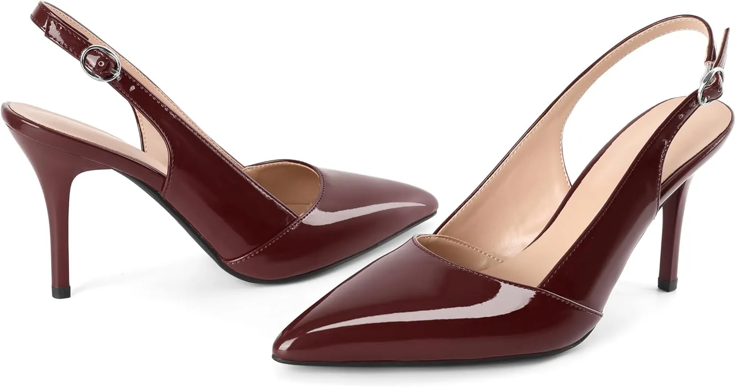 Esvowido Womens Slingback Heels 3.5 Inch Pointed Toe Pumps Adjustable Strap Slip-on High Heels Wedding Party Dress Shoes