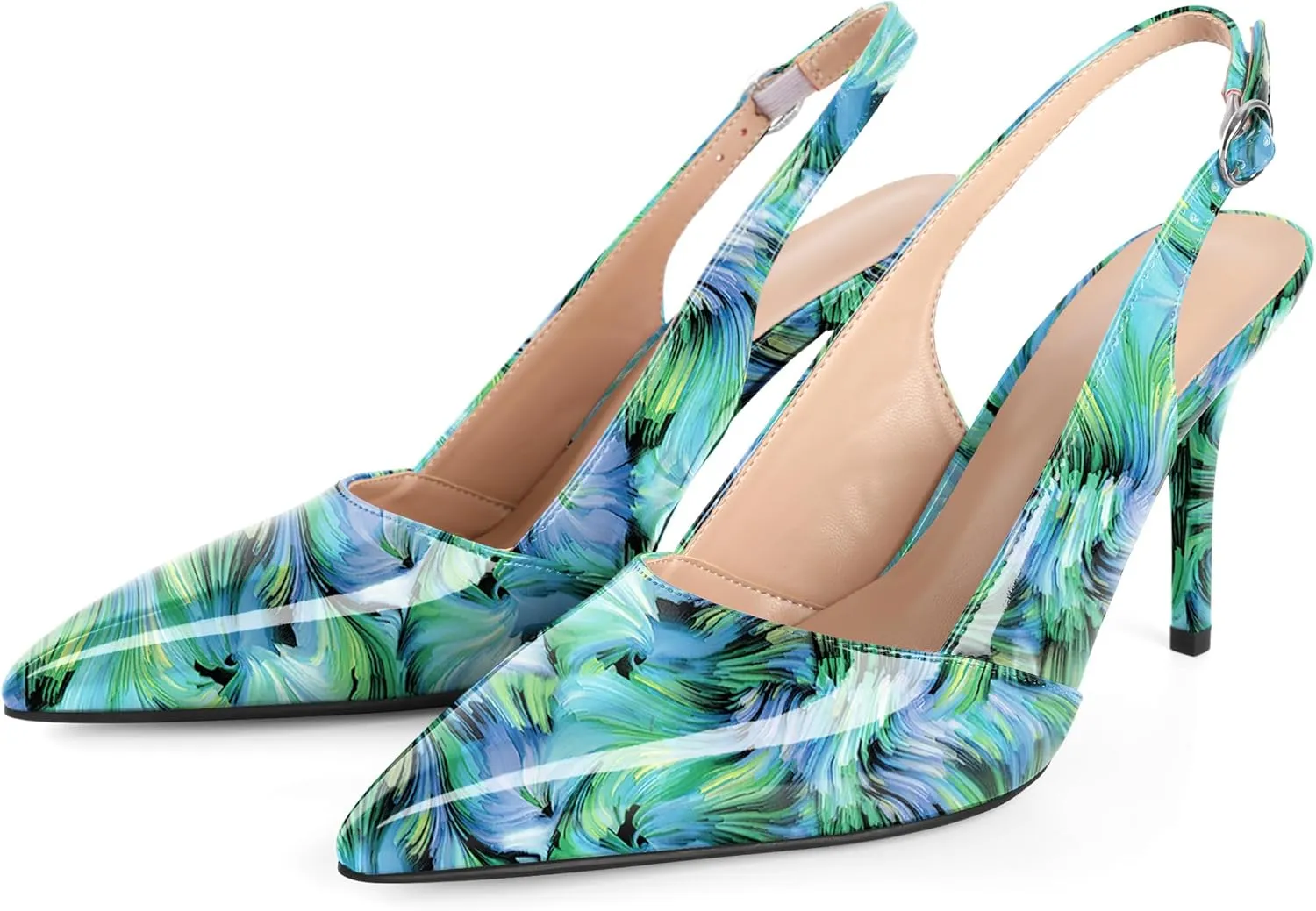 Esvowido Womens Slingback Heels 3.5 Inch Pointed Toe Pumps Adjustable Strap Slip-on High Heels Wedding Party Dress Shoes