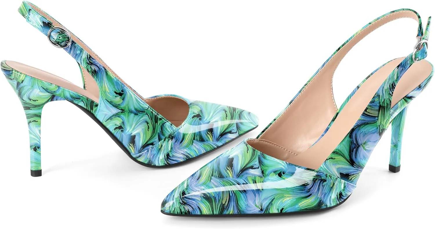 Esvowido Womens Slingback Heels 3.5 Inch Pointed Toe Pumps Adjustable Strap Slip-on High Heels Wedding Party Dress Shoes