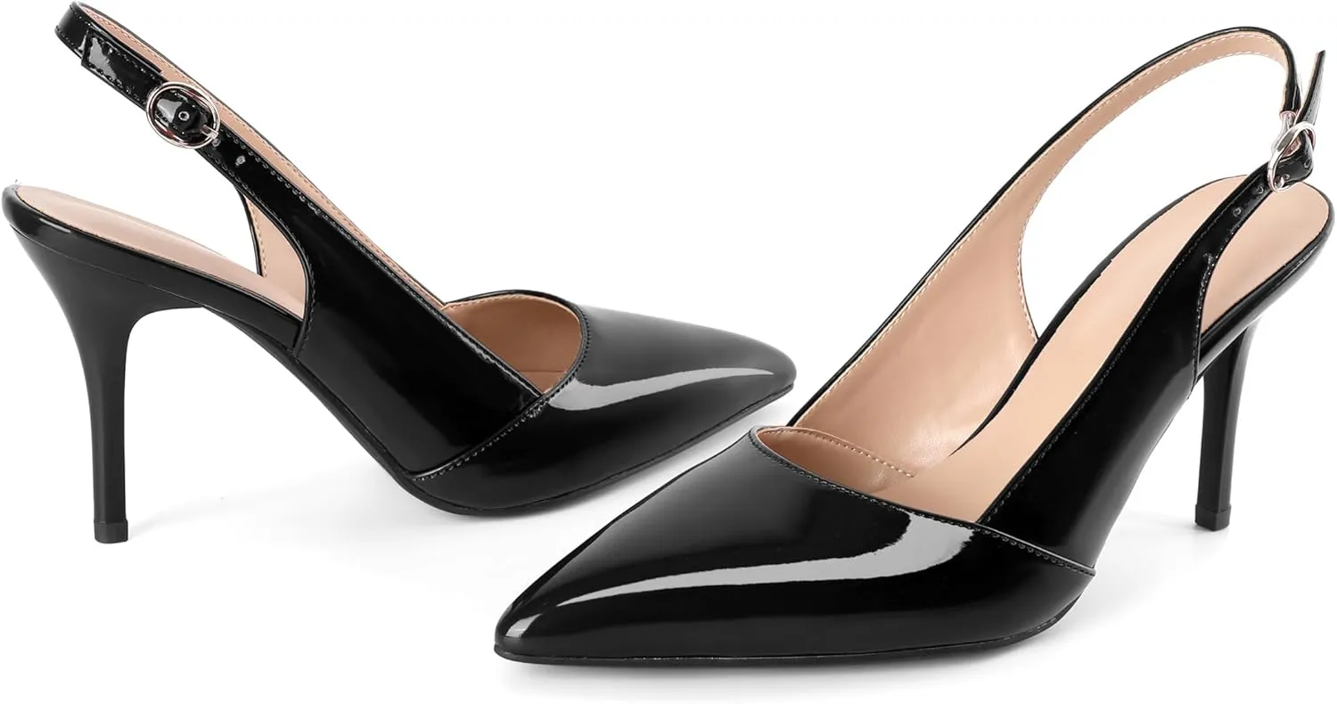 Esvowido Womens Slingback Heels 3.5 Inch Pointed Toe Pumps Adjustable Strap Slip-on High Heels Wedding Party Dress Shoes
