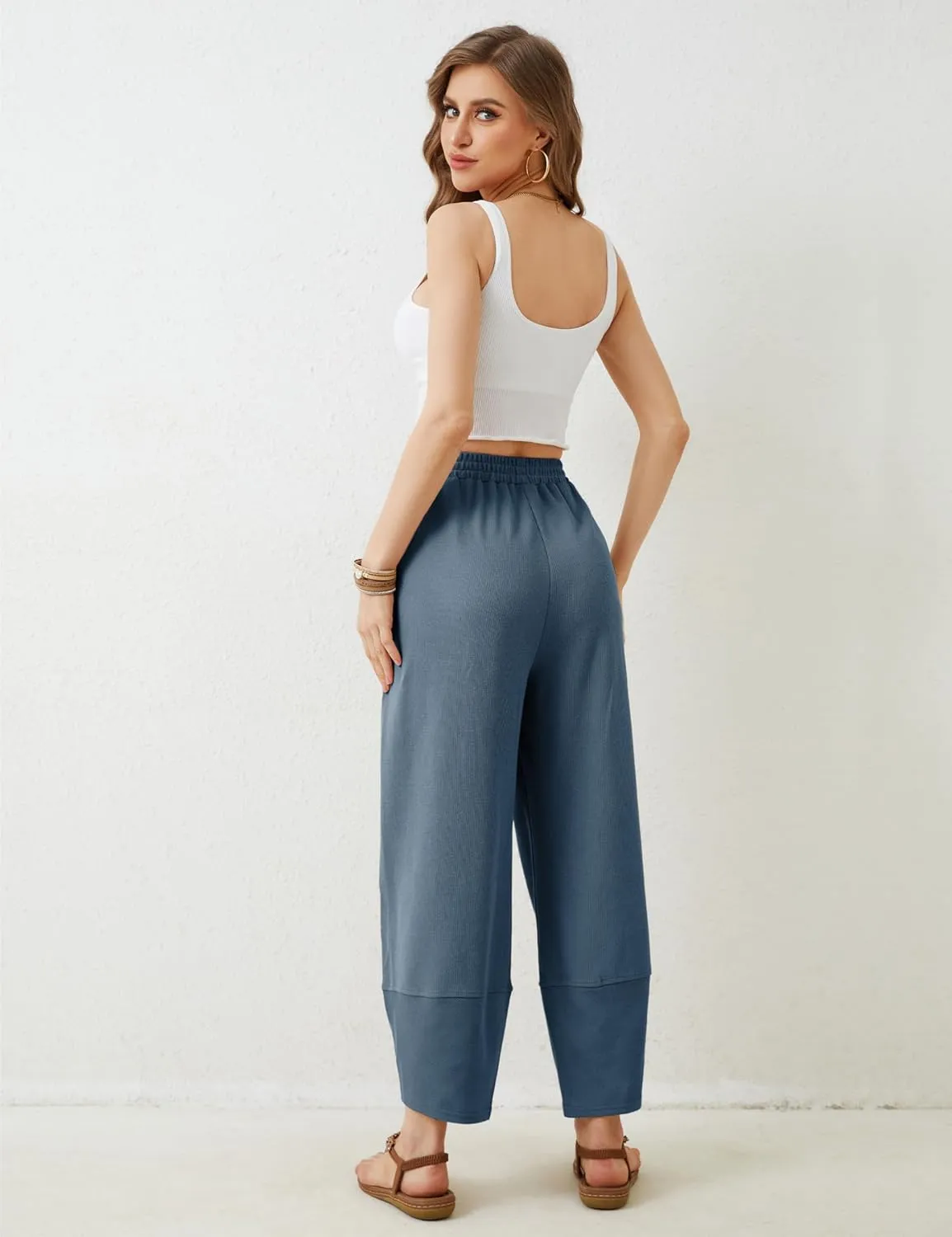 Faleave Women's Baggy Wide Leg Pants Elastic Waisted Casual Comfy Palazzo Harem Pants with Pockets