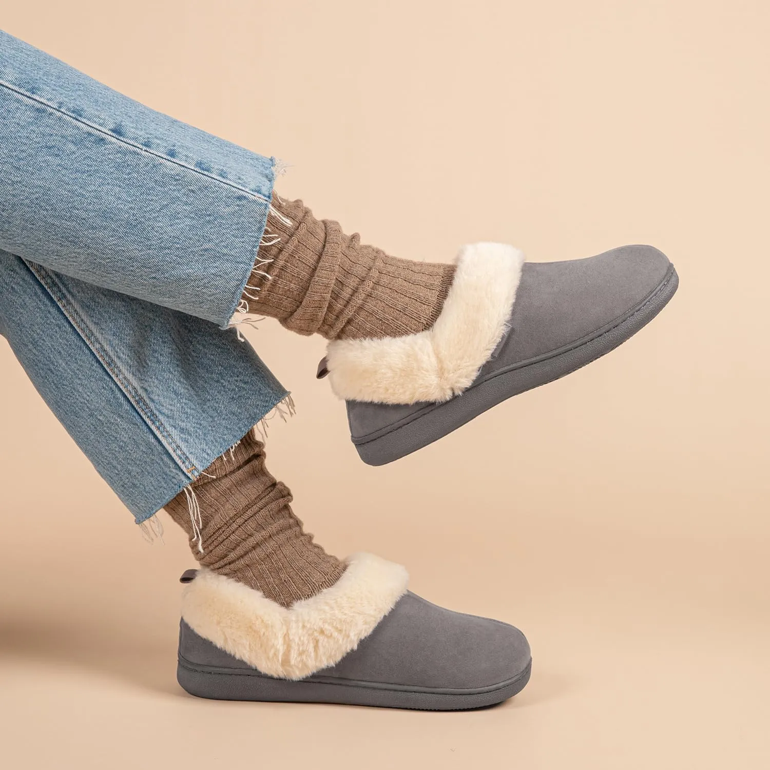 FamilyFairy Women Memory Foam Bootie Slippers, Warm Cozy Micro Suede Slipper Boots with Fuzzy Plush Lining and Collar, Winter Non Slip House Shoes for Indoor Outdoor