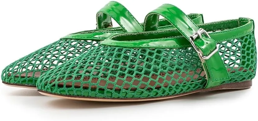Fandimeier Mesh Ballet Flats for Women Fishnet Comfy Buckle Strap Ballerina Dressy Daily Flat Shoes