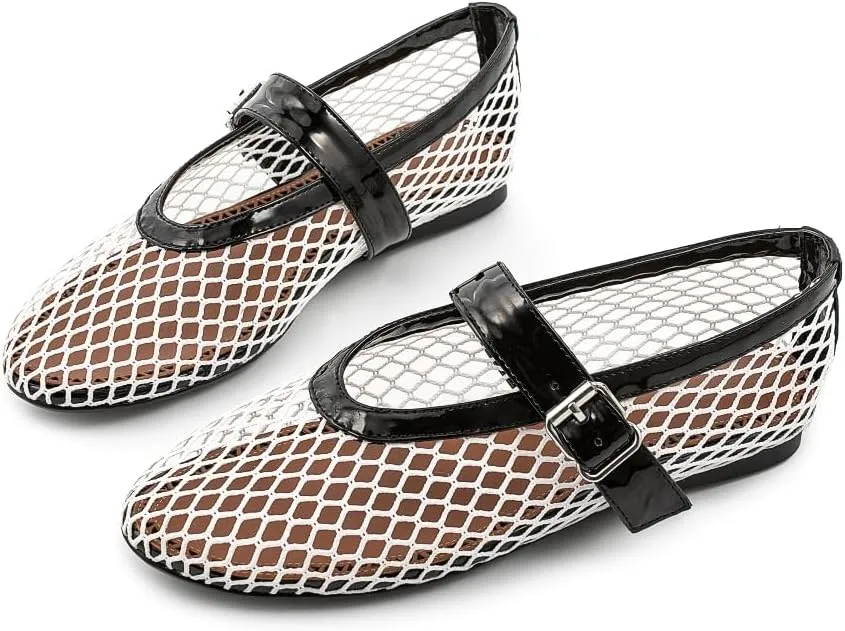 Fandimeier Mesh Ballet Flats for Women Fishnet Comfy Buckle Strap Ballerina Dressy Daily Flat Shoes