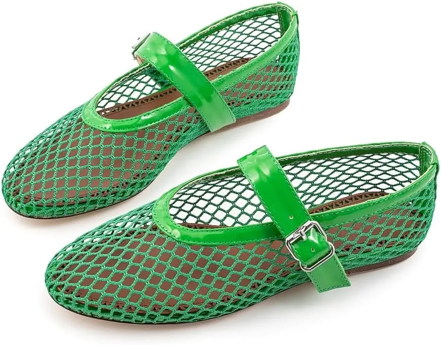 Fandimeier Mesh Ballet Flats for Women Fishnet Comfy Buckle Strap Ballerina Dressy Daily Flat Shoes