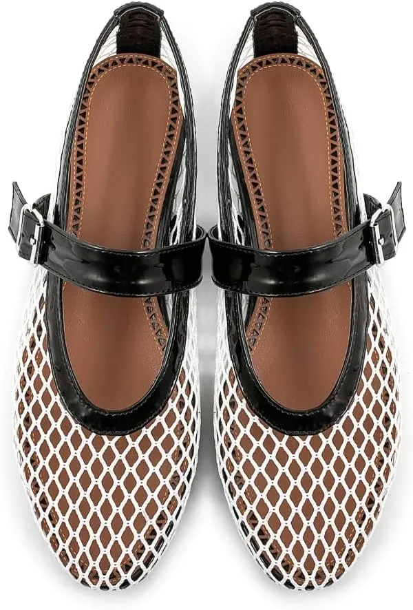 Fandimeier Mesh Ballet Flats for Women Fishnet Comfy Buckle Strap Ballerina Dressy Daily Flat Shoes