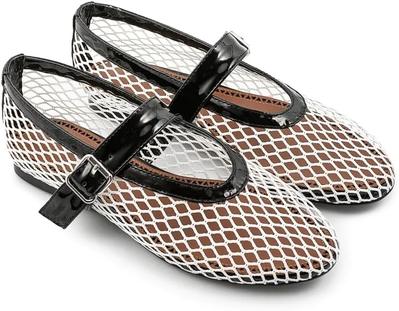 Fandimeier Mesh Ballet Flats for Women Fishnet Comfy Buckle Strap Ballerina Dressy Daily Flat Shoes
