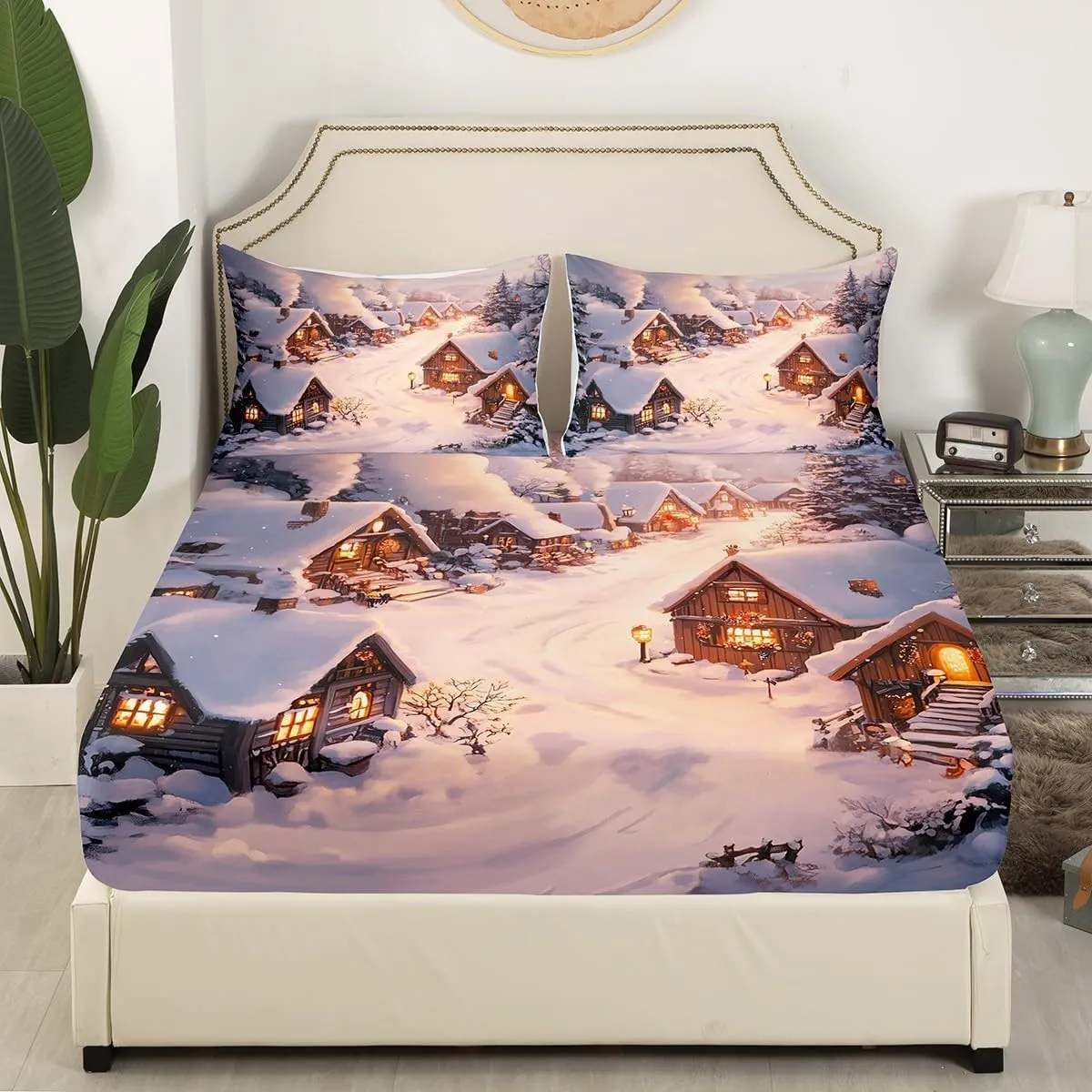 Farmhouse Bed Sheets Winter Theme Christmas Rustic Style Bedding Sets for Kids Teens Adults Retro Wood Cabin Jungle Pine Tree Sheet Set with Flat,Fitted Sheet,1 Pillowcase Twin Size 3 Pcs