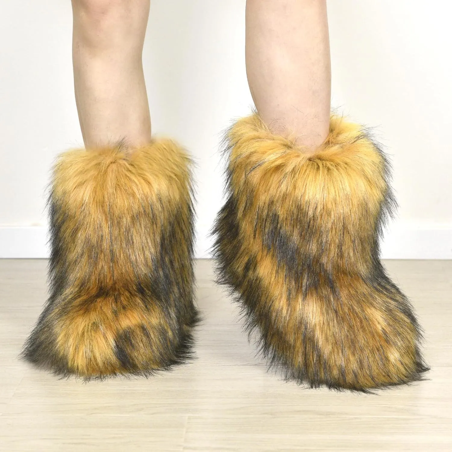 Fashion Fur Boots,Flat Heel Comfy Plush Warm Snow Booties,2025 Winter Outdoors Furry Boots,Mid-Calf Faux fur Boot for Women.