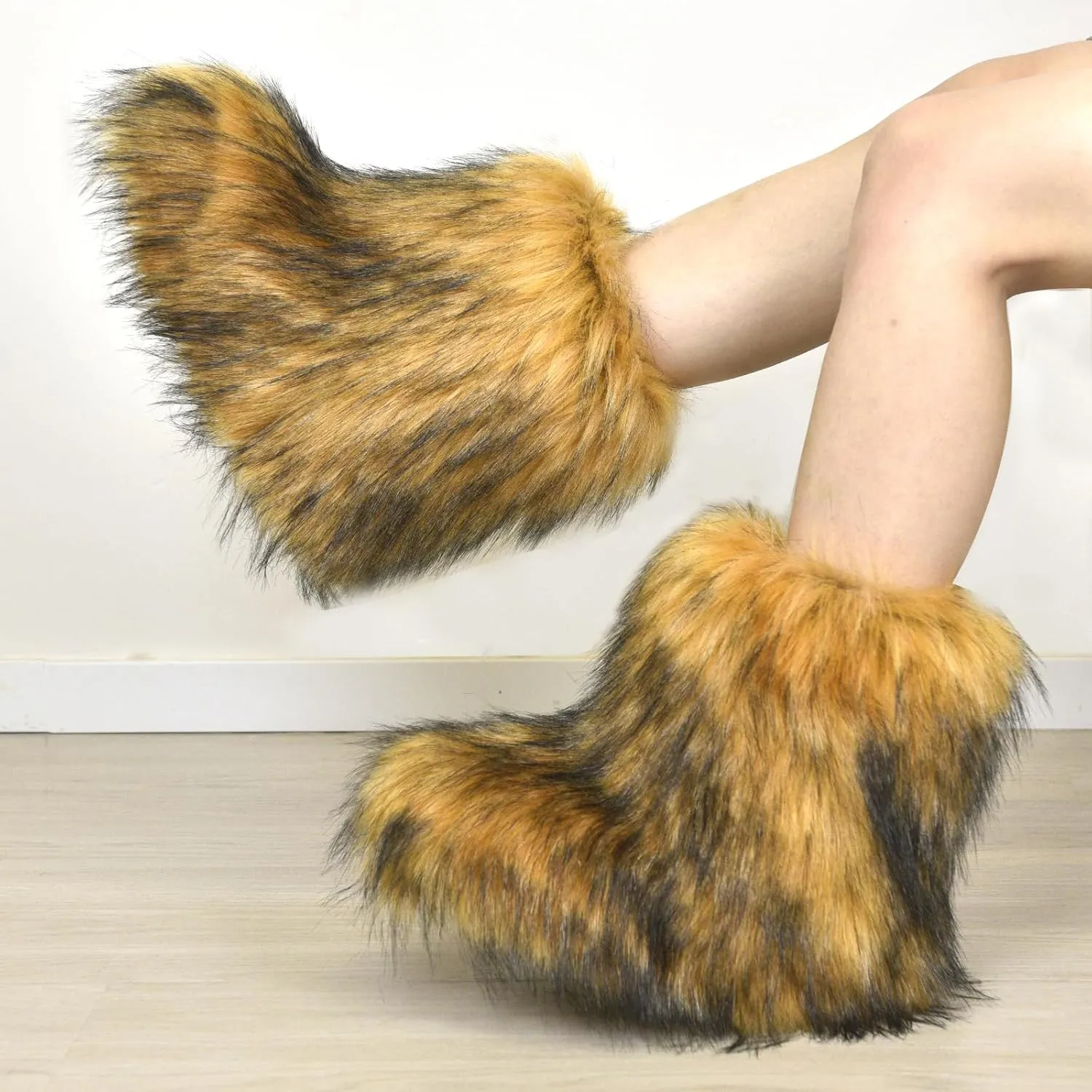 Fashion Fur Boots,Flat Heel Comfy Plush Warm Snow Booties,2025 Winter Outdoors Furry Boots,Mid-Calf Faux fur Boot for Women.