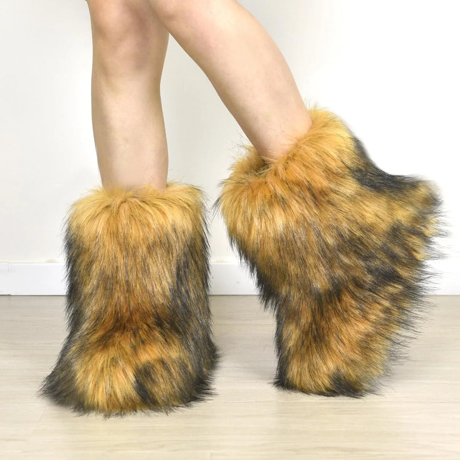 Fashion Fur Boots,Flat Heel Comfy Plush Warm Snow Booties,2025 Winter Outdoors Furry Boots,Mid-Calf Faux fur Boot for Women.