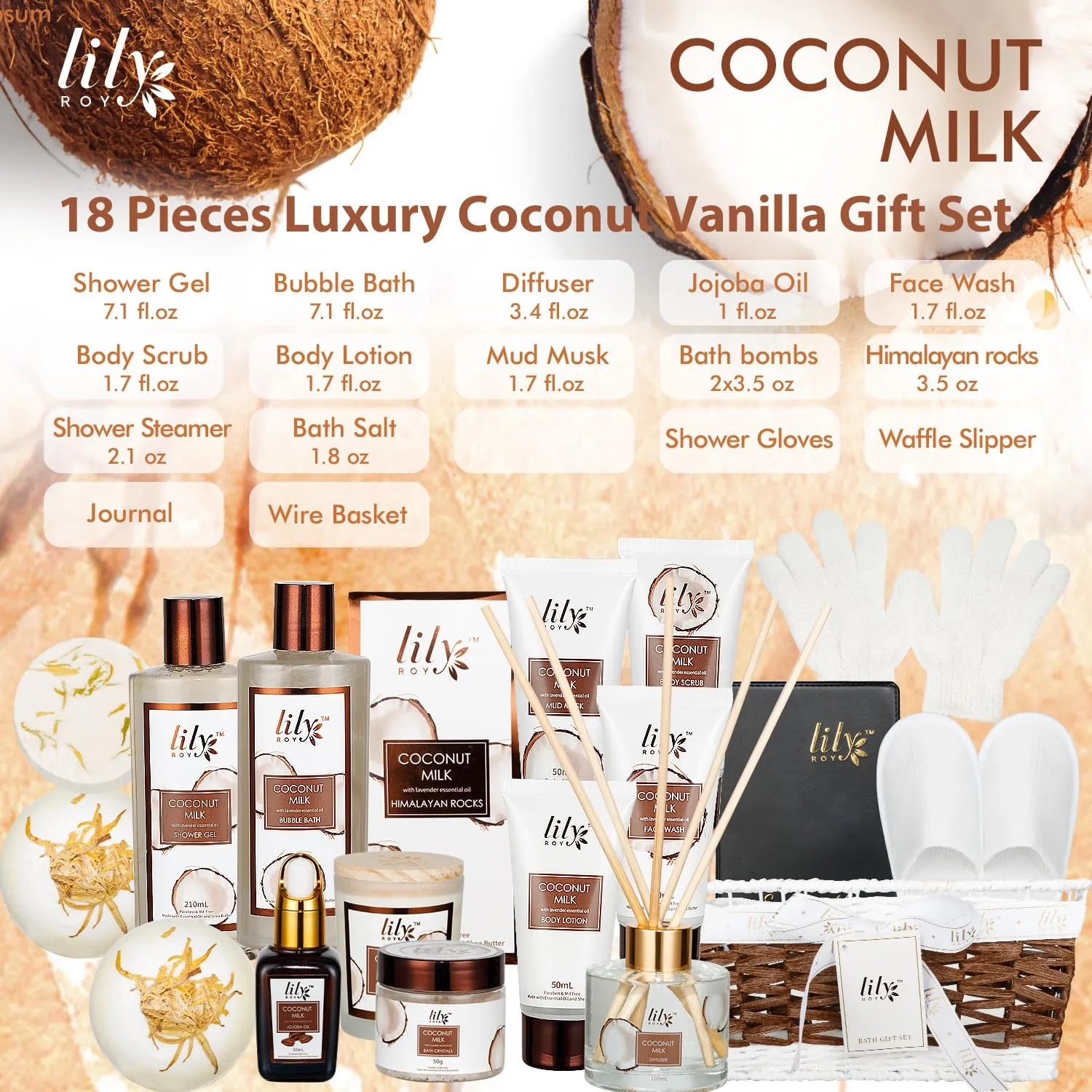 Fathers Day Gifts for Men Dad Coconut Vanilla Spa Gift Basket for Women 18 Pcs Luxury Bath & Body Set with Shower Gel | Relaxing Self Care Pampering Gifts for Her, Birthday, Christmas, Mothers Day