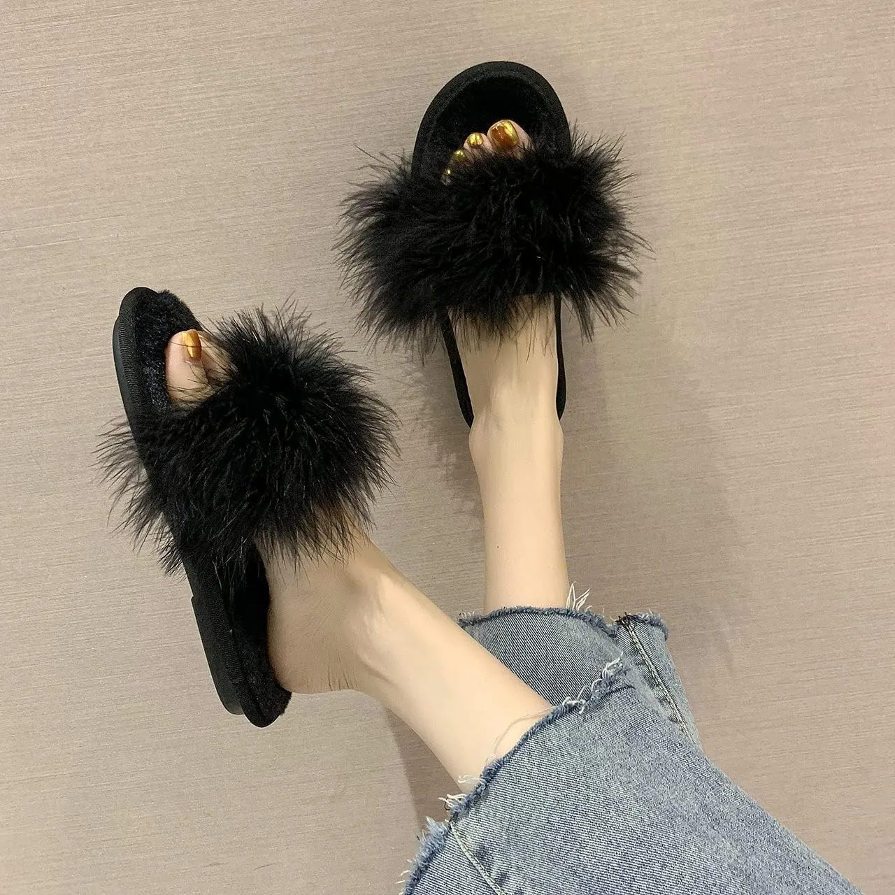 FAYUEKEY Faux Fur Slippers For Women Bride Wedding House Outdoor Fuzzy Shoes