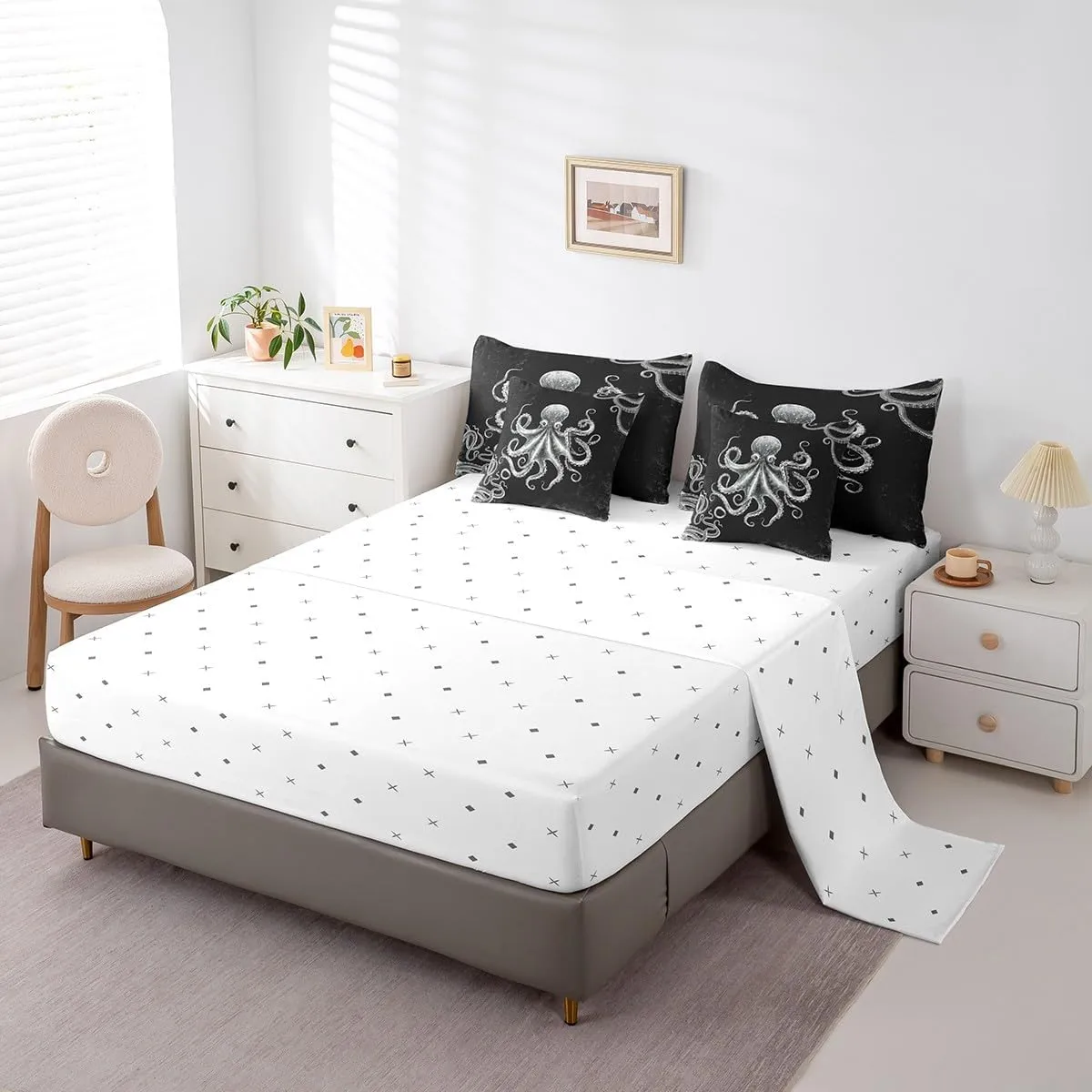 Feelyou Octopus Kids Queen Size, Ocean Kraken Print 7 Piece Bedding Set Octopus Tentacles Bed in a Bag Bed Set Includes Comforter, Sheet Set, Pillowcases & Pillow Covers - Super Soft Breathable