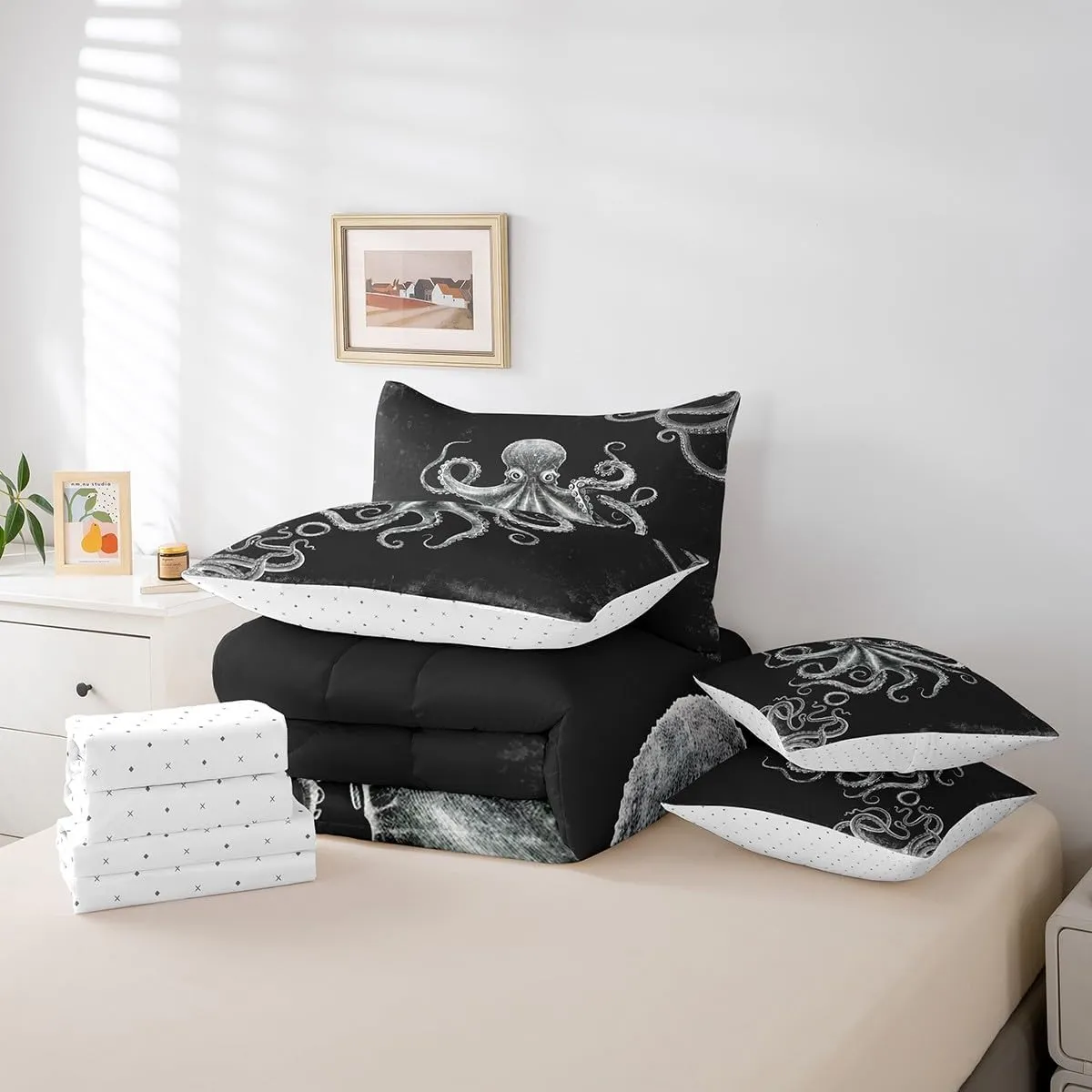 Feelyou Octopus Kids Queen Size, Ocean Kraken Print 7 Piece Bedding Set Octopus Tentacles Bed in a Bag Bed Set Includes Comforter, Sheet Set, Pillowcases & Pillow Covers - Super Soft Breathable