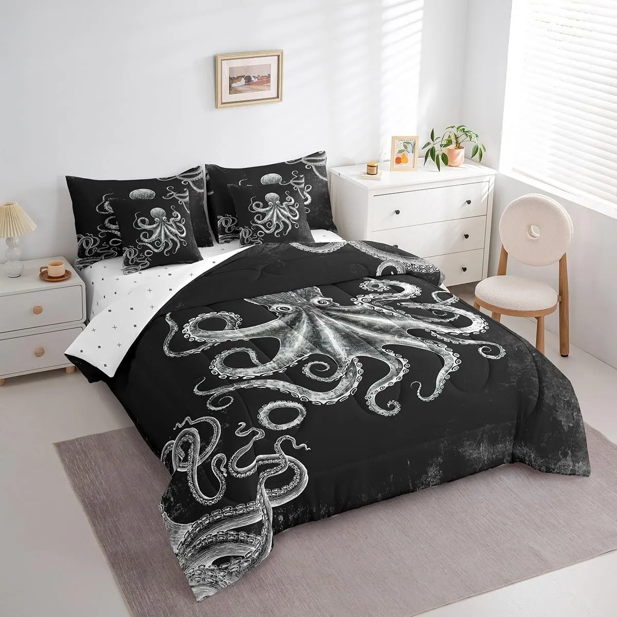 Feelyou Octopus Kids Queen Size, Ocean Kraken Print 7 Piece Bedding Set Octopus Tentacles Bed in a Bag Bed Set Includes Comforter, Sheet Set, Pillowcases & Pillow Covers - Super Soft Breathable