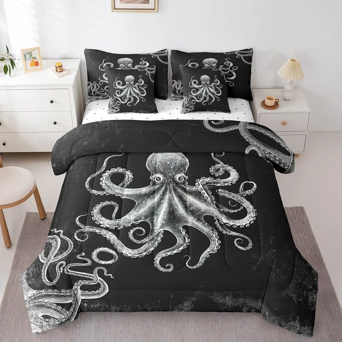 Feelyou Octopus Kids Queen Size, Ocean Kraken Print 7 Piece Bedding Set Octopus Tentacles Bed in a Bag Bed Set Includes Comforter, Sheet Set, Pillowcases & Pillow Covers - Super Soft Breathable
