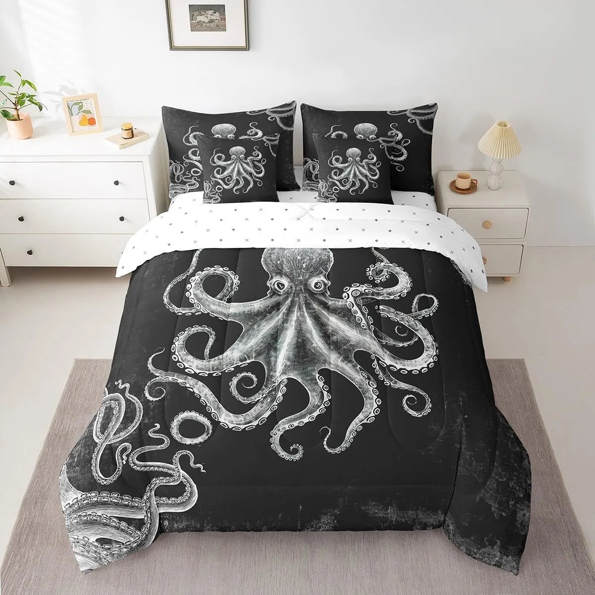 Feelyou Octopus Kids Queen Size, Ocean Kraken Print 7 Piece Bedding Set Octopus Tentacles Bed in a Bag Bed Set Includes Comforter, Sheet Set, Pillowcases & Pillow Covers - Super Soft Breathable