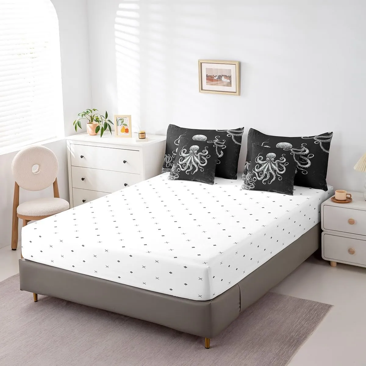 Feelyou Octopus Kids Queen Size, Ocean Kraken Print 7 Piece Bedding Set Octopus Tentacles Bed in a Bag Bed Set Includes Comforter, Sheet Set, Pillowcases & Pillow Covers - Super Soft Breathable