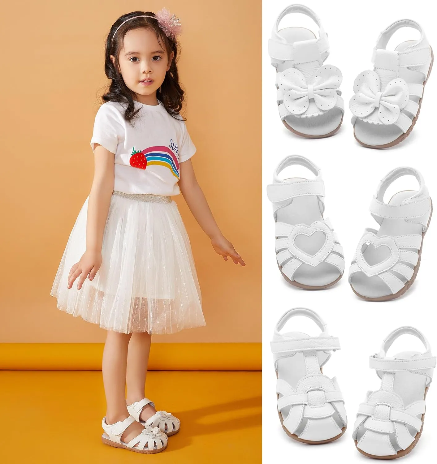 Femizee Girls Genuine Leather Soft Closed Toe Princess Flat Shoes Summer Sandals(Toddler/Little Kid)